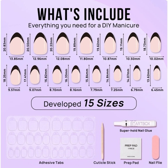 BTArtbox  Black French Drop Press On Nails Almond Shape Nude Gel Look | Soft - Picture 3 of 3